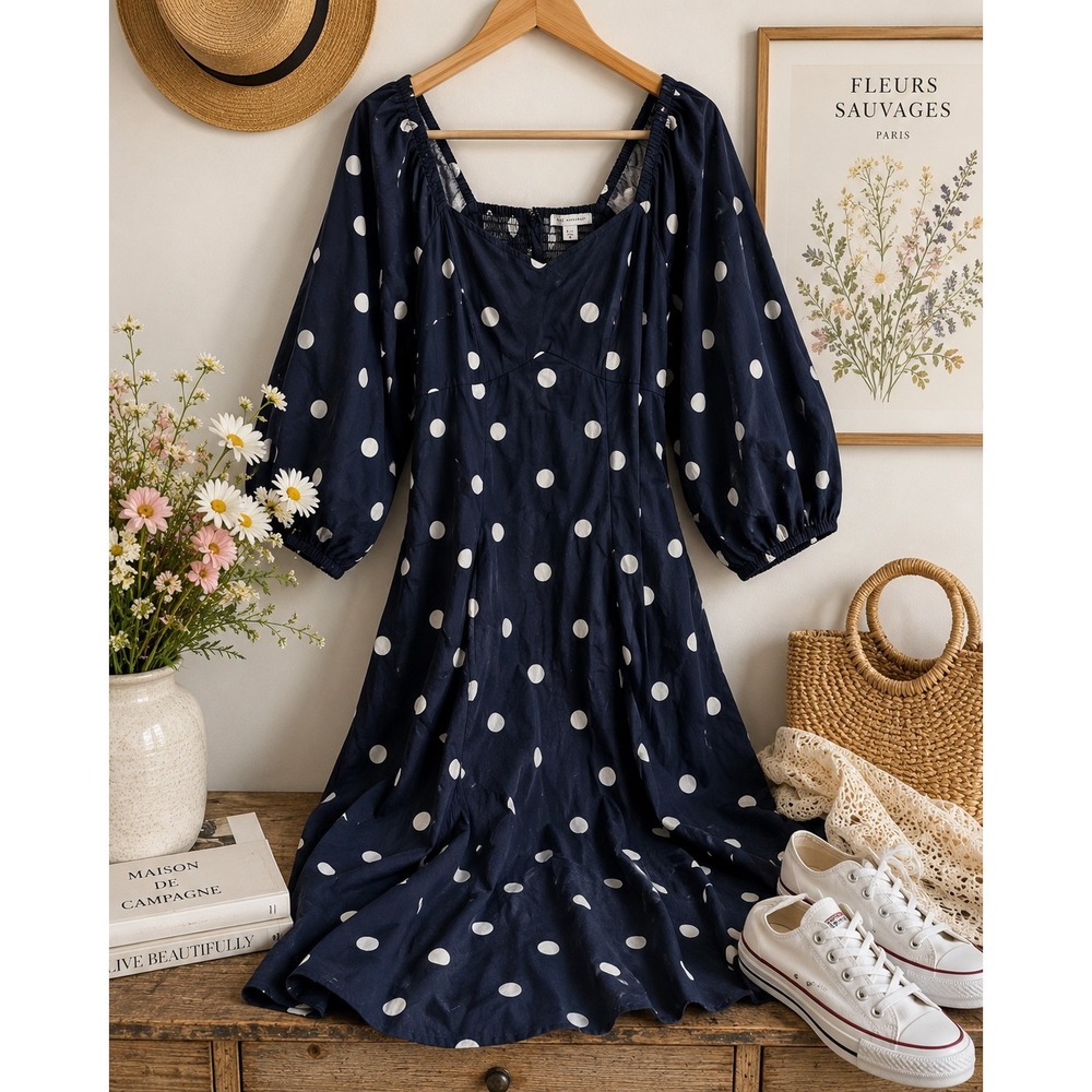 SOLD Free Assembly Polka Dot Puff Sleeve Midi Dress Large Navy white Cottagecore